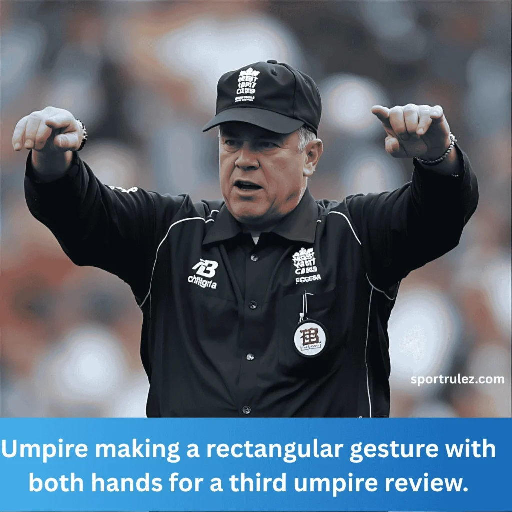 Umpire making a rectangular gesture with both hands for a third umpire review.