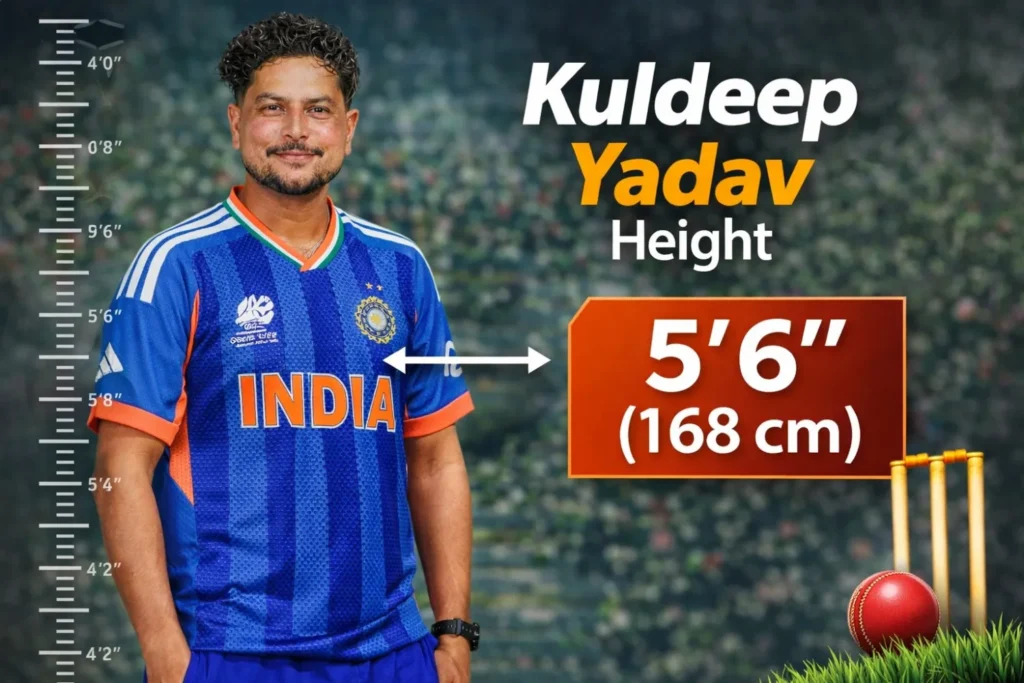 Kuldeep Yadav Height: 5 feet 6 inches (1.68 m) tall. That is equal to 168 cm.