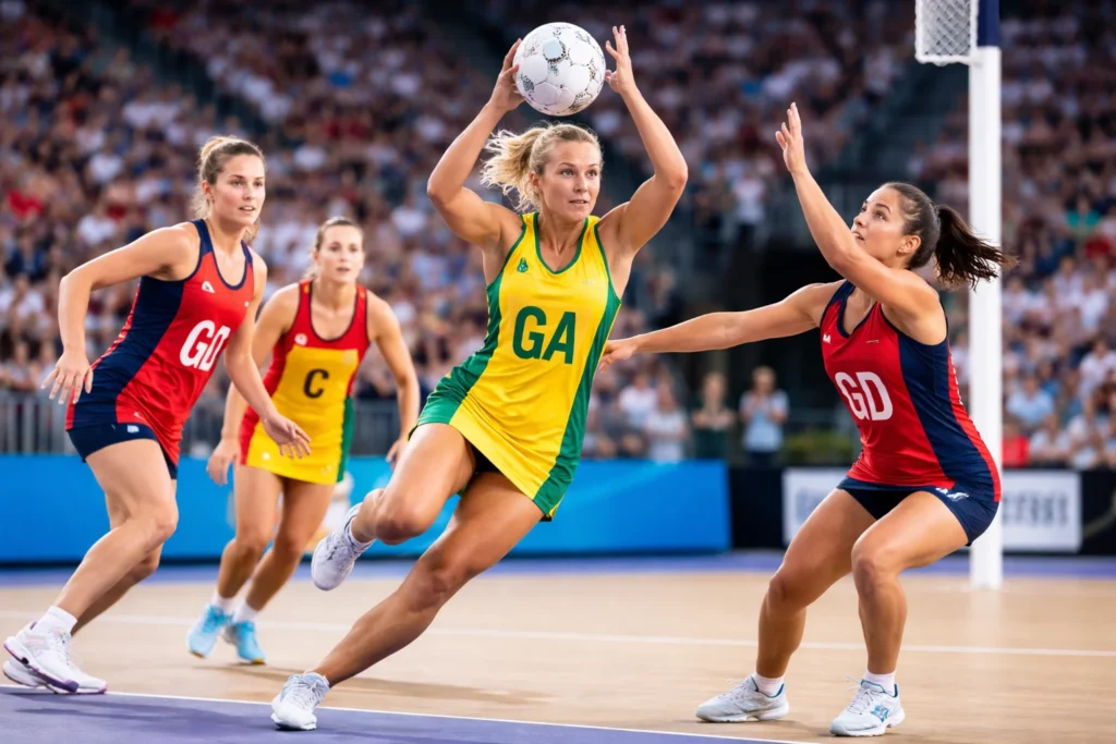 Netball game being played on a court showing players passing the ball and shooting at the goal