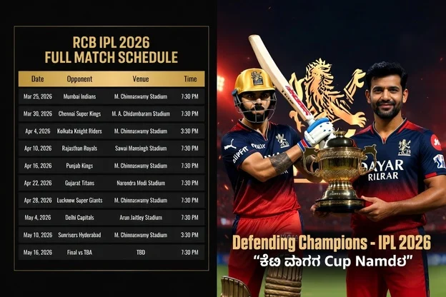 RCB IPL 2026 Full Schedule with Virat Kohli and Rajat Patidar - Defending Champions