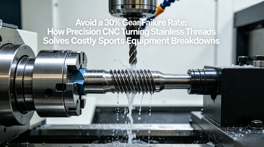 A hyper-realistic close-up photo of a CNC lathe performing precision stainless steel thread turning on a high-performance bicycle shock absorber component, with high-pressure coolant and AlCrN-coated insert visible, overlaid with the article title.